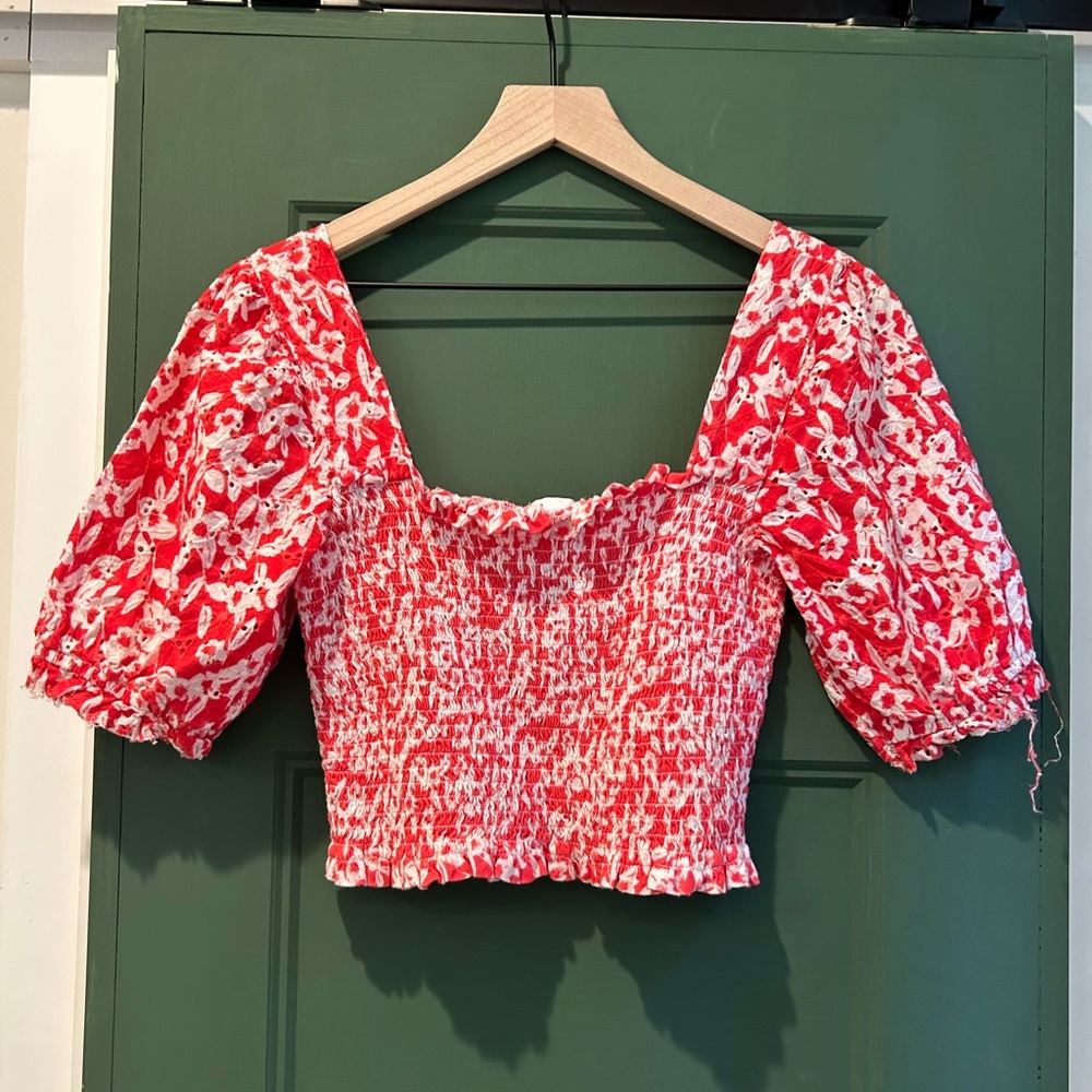 Anthropologie Smocked Red And White Eyelet Ribbed Puffy Sleeve Top